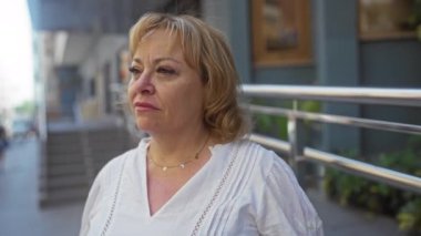 Sarışın ve beyaz bluzlu orta yaşlı bir kadın gündüz vakti şehir caddesinde yürüyor..