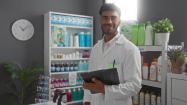 Eczanedeki genç adam laboratuvar önlüğü giyiyor, gülümsüyor ve elinde pano var. Etrafı ilaç ürünleri ve raflarla çevrili.