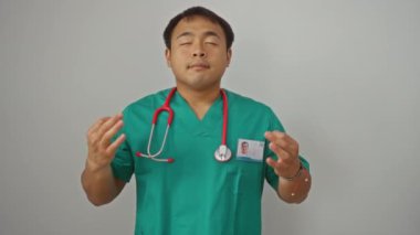Üniformalı doktor, yoga meditasyonu yapan Çinli genç adam. Rahatlamak için gözleri kapalı. Beyaz arka planda izole edilmiş.