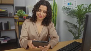 Modern ofis ortamında tablet kullanan genç ve güzel bir İspanyol kadın. Çalışma alanını çevreleyen bitkiler ve dekorlar..