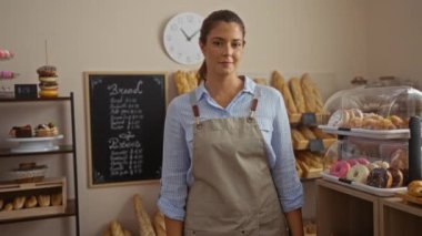 İspanyol kadın pastanede arka planda hamur işleri ve ekmekle duruyor, kolları çapraz önlük giyiyor ve gündüzleri güvenle gülümsüyor.