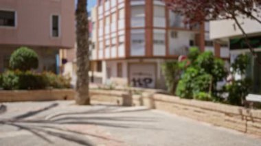 Arka planda bulanık binalar ve yeşillik olan açık şehir manzarası, yerleşim yerlerindeki palmiye ağaçları, gölgeler ve kaldırımların dağılmış görüntülerini yakalıyor.