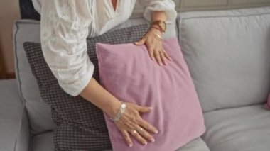 Yaşlı bir kadın rahat bir oturma odasında rahat gri bir kanepeye pembe ve gri yastıklar yerleştiriyor, ev dekorasyonunu yumuşak mobilyalarla ve besleyici bir dokunuşla sunuyor..