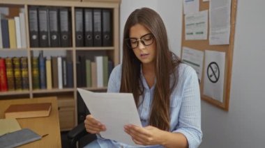 Arka planda kitaplık olan bir kadın ofiste belge okuyor ve kafası karışık görünüyor