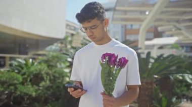 Şehir parkında elinde çiçeklerle telefon kullanan genç bir İspanyol..