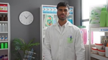 Beyaz önlüklü genç İspanyol adam bir eczanede duruyor. Kolları çapraz ve güvenle gülümsüyor. Etrafı çeşitli ürünlerle çevrili.