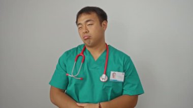 Üniformalı doktor. Sıkılmış, yorgun ve bunalımlı genç Çinli bir adam. Kolları başının üstünde, izole beyaz bir arka planda.