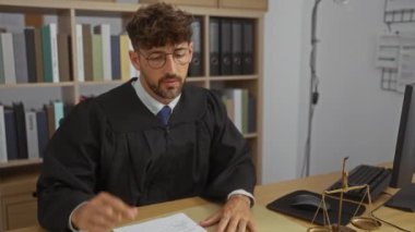 Ofisteki genç adam gözlüklerini çıkartıyor ve arka planda raflar dolusu evrakla düşünceli bir yargıç cübbesi giyiyor.