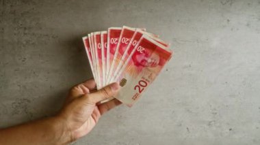 Elle tutulur birden fazla İsrail şekeli banknotlar karşı beton arka plan sergilenen para