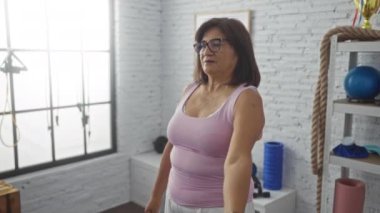 Olgun bir kadın, çeşitli spor aletleriyle dolu parlak bir spor salonunda dambıllarıyla egzersiz yapıyor. Aktif yaşam tarzı ve sağlığını gösteriyor..