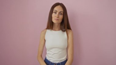 Genç, güzel, İspanyol bir kadın neşeli bir şekilde gülümserken izole edilmiş pembe arka plan duvarının üzerinden parmağını kameraya doğrultuyor.