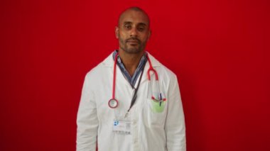 Kolları çapraz kırmızı arka plan üzerinde duran doktor steteskop ve beyaz önlük giyiyor.