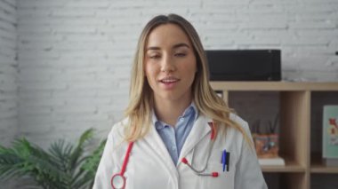 Beyaz önlüklü, steteskoplu, çekici sarışın, beyaz kadın doktor, bir kliniğin içinde duruyor..