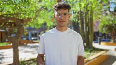 Gözlüklü ve beyaz tişörtlü genç, İspanyol bir adam şehir parkında poz veriyor. Sorgulama ya da kararsız bir jest yapıyor..