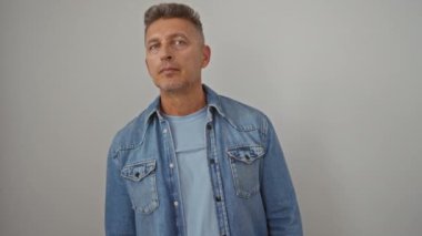 Beyaz arka planda izole edilmiş orta yaşlı bir adam kameraya çeşitli pozlarda selam veriyor ve işaret ediyor.