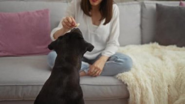 Beyaz gömlekli genç bir İspanyol kadın, rahat bir koltukta oturur, siyah labrador köpeğini eğitirken, yumuşak yastıklar ve kapalı bitkilerle çevrili bir yerde,.