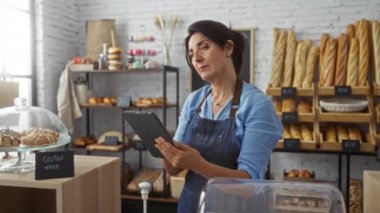 Fırında çalışan kadının elinde tablet var. Etrafı ekmek rafları ve pastalarla çevrili.