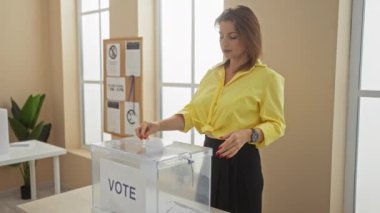 Kapalı bir seçim odasında oy veren genç bir kadın. Arka planda İrlanda bayrağı var..