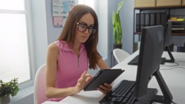 Modern ofiste tablet kullanan bir kadın ilginç ifadeli bir şeyi yakından inceliyor.