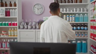 Genç bir İspanyol adam, eczaneyi düzenlerken çeşitli şişe, ilaç ve sağlık ürünleriyle çevrili beyaz laboratuvar önlüğü ve gözlükleriyle bir eczanede duruyor..