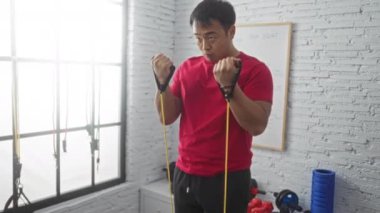 Genç, yakışıklı Asyalı bir adam, beyaz tuğladan duvarları, geniş pencereleri ve çeşitli fitness ekipmanları olan parlak, havadar bir spor salonunda direniş bantlarıyla egzersiz yapıyor..
