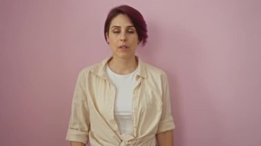 Kafkasyalı genç bir kadın, gömlek giyiyor, ağzı ve elleri kapalı, pembe arka planda şaşırmış bir ifade, şaşırmış ve korkmuş.
