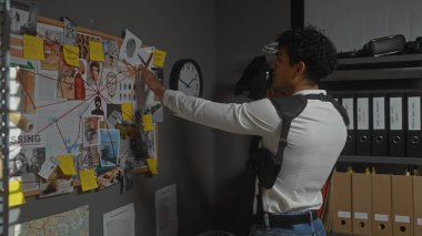 Dedektif karakolunda delilleri analiz eden İspanyol bir adam.