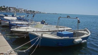 Porto sezeryan Puglia, İtalya 'da berrak mavi gökyüzünün altında sakin bir limana yanaşmış gösterişli tekneler..