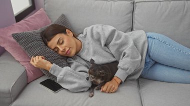 Genç İspanyol kadın kanepede Chihuahua 'sıyla rahat evinde kestiriyor..