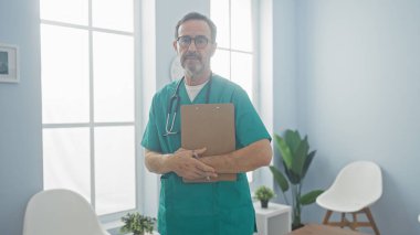 Parlak klinikte steteskop elinde pano tutan önlüklü yakışıklı, olgun bir adam.