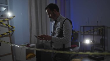 Sakallı orta yaşlı bir adam, suç mahallinde ofis ortamında cep telefonu kullanıyor.