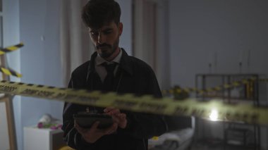 Genç bir İspanyol, loş aydınlatılmış bir suç mahalli bandındaki kanıtları analiz ediyor..