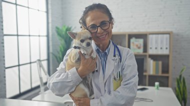 Gülümseyen İspanyol bir veteriner. Veteriner kliniğinde elinde chihuahua tutuyor..