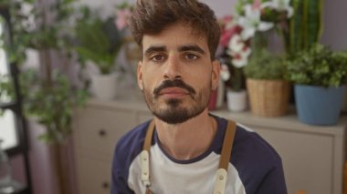 Çiçekçi dükkanında çiçekli önlüklü, sakallı genç bir İspanyol.