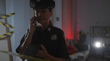 Olgun bir kadın polis telefonuyla konuşurken kapalı bir suç mahallini araştırıyor..