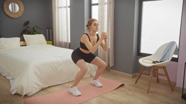 Geniş bir yatak odasında egzersiz yapan genç bir kadın, spor yaparken spor yapmaya devam ediyor..