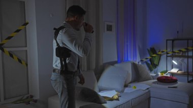 Mavi ışıkla aydınlatılmış Latin kökenli bir dedektif dikkat bandı, kanıt ve düzensizlikle kapalı bir suç mahallini araştırıyor..