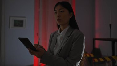 Asyalı bir kadın elinde akıllı telefon ve kalemle loş bir suç mahallini araştırıyor..