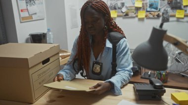 African american policewoman analyzing records in a cluttered detective office room clipart