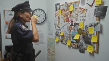 Bir kadın memur, etrafında fotoğraflar ve notlar olan bir kanıt panosuyla polis merkezinde kahve yudumluyor..