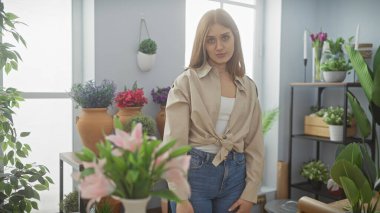 Genç bir kadın kapalı bir bahçe ortamının ortasında duruyor. Huzur ve doğa ile bağlantı kuruyor..