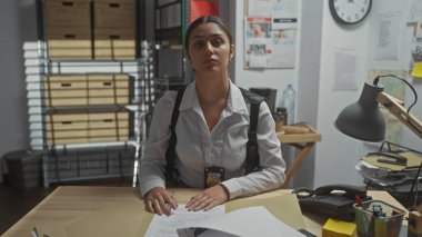 Polis karakolunda elinde evrak işleriyle oturan Latin kökenli genç bir dedektif..