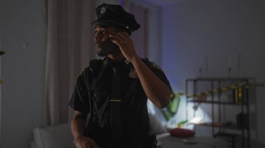 A focused african-american man in police uniform communicates on a cell phone in a dimly-lit indoor crime scene. clipart