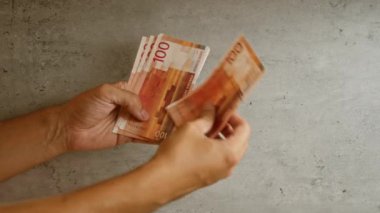 Norveç 'teki mali işlemleri temsil eden, beton bir arka planda Norveç kronunu tutan eller.