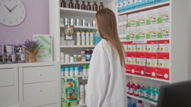 Eczanede beyaz önlüklü çekici sarışın kadın ilaç paketleri, şişeler ve çeşitli eczane ürünleriyle dolu raflarla çevrili..