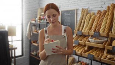 Bir fırında notlar alan genç bir kadın. Etrafı çeşitli ekmek çeşitleriyle çevrili. Kapalı bir dükkanda raflarda sergileniyor.