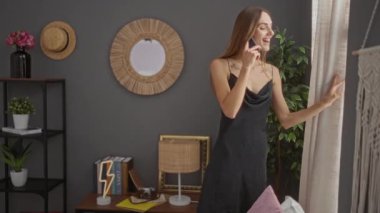Genç, güzel, sarışın bir kadın, modern dekorlu ve ev ortamında rahat bir ortam gösteren şık bir oturma odasında dikilirken telefonla konuşuyor..