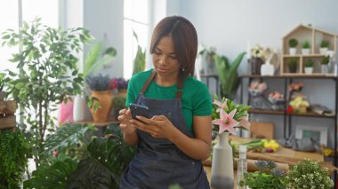 Bitkiler ve çiçeklerle çevrili bir çiçekçide akıllı telefon kullanan odaklanmış bir Afrikalı Amerikalı kadın çiçekçi..