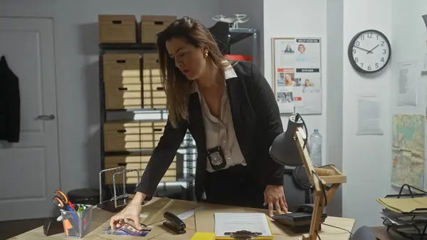 A focused hispanic woman detective scrutinizing evidence in a cluttered police station office.