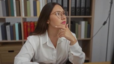 Ofiste gözlüklü ve beyaz gömlekli bir kadın, uzun saçlı bir esmer, arka planda kitap ve dosyalarla dolu bir masada oturuyor, derinlemesine kapalı alanlara odaklanmış.